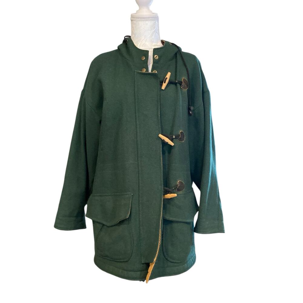 Vintage 90s Forest Green Wool Duffle Coat Toggle Hood Womens Large
